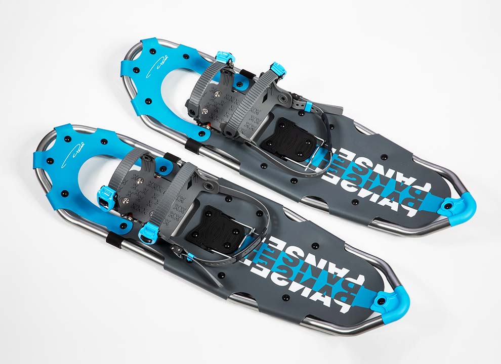 Blue Snowshoes with flex pivot bar system